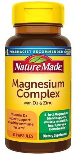 Nature Made Magnesium Complex Supplement with Vitamin D & Zinc for Immune Support, Magnesium Glycinate, Malate, Citrate & Oxide for Muscle, Nerve, Heart & Bone Support, 60 Capsules, 30 Day Supply