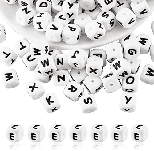 BEEFLYING 20 Pieces White Cube Letter Silicone Beads 12mm Square Dice Alphabet Initial Large Hole Loose Spacer for Bracelet Necklace Jewelry Making Decoration (Letter E)