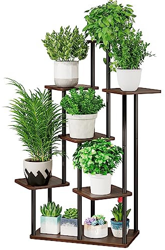 AZERPIAN Pflanzenständer, 7 Etagen, Metall, Blumenregal für mehrere Pflanzen, Ecke, hohe Blumenhalter für Terrasse, Garten, Wohnzimmer, Balkon, Schlafzimmer, schwarze Eiche