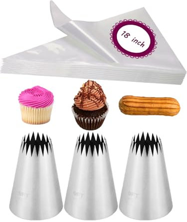 Churro Bags and Tips Set,3 French Star Piping Tips for Eclairs & 20 Disposable Pastry Bags 18 inch