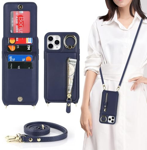 Zouzt for iPhone 11 Pro Max Case with Cord and Card Holde, Zipper Wallet Case with Crossbody Lanyard Ring Adjustable Necklace Protective Cover Women for iPhone 11 Pro Max 6.5 Inch - Blue
