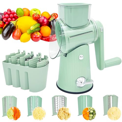 LWAIGMY Rotary Cheese Grater, Multifunctional 5 in 1 Cheese Grater with Handle, Kicthen Mandoline Vegetable Slicer with Suction Base, Replaceable Stainless Blades Cheese Shredder for Fruits, Green