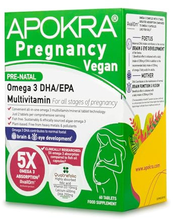 APOKRA Vegan Pregnancy Vitamins | Prenatal Multivitamin with Algae Omega-3 DHA & Quatrefolic Methylfolate | High Absorption | Calcium & Essential Nutrients | 60 Tablets