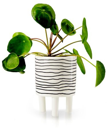KHG Übertopf 10 cm Durchmesser, Weiß mit Zebra-Streifen, 3 Beinen, 10x10 cm Blumentopf rund verspielt aus Dolomite-Gestein Keramik, Pflanzenkübel klein glänzend, Glatte Oberfläche, runde Kanten
