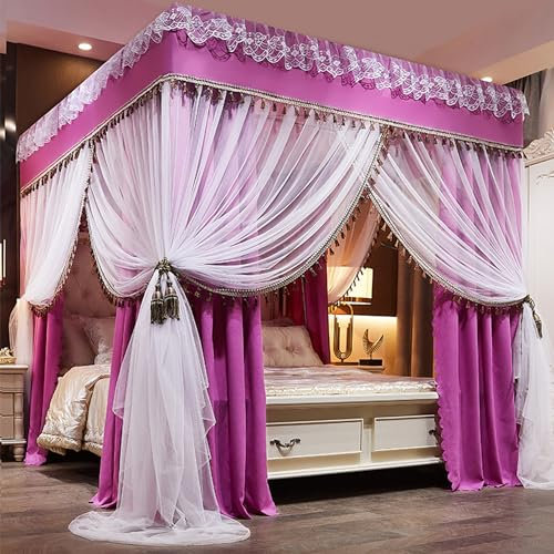 Himmelbett-Vorhänge, 4 Ecken, Pfosten, Prinzessinnen-Bett-Himmelvorhang for Mädchen und Erwachsene, doppellagige Spitze, gemütliches Drape-Netz, Rüschen-Himmelvorhang for komplettes Queen-Size-Bett(Co