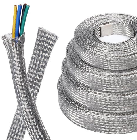 BuyUneed Tinned Copper Metal Braid Sleeving Wire Shielding Sleeve Braided Copper Ground Straps EMI/RFI Interference Expandable Flat Mesh Shielding Cable for Protect Wire (5/16inch-13ft)