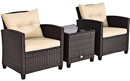 LIFEZEAL Salotto da Giardino Esterno, in Rattan PE, Set Giardino Esterno, 2 Divanetti con Cuscini Rimovibili, Tavolino Caffè in Vetro Temprato, Arredo per Soggiorno, Terrazza e Patio (cuscino giallo)