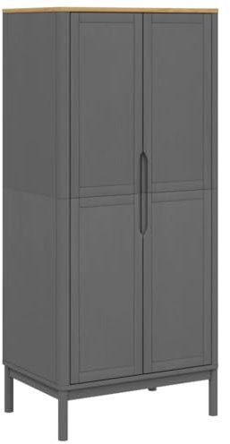 vidaXL Kleiderschrank, Garderobenschrank mit Kleiderstange, Holzschrank Schrank für Schlafzimmer, Drehtürenschrank, Grau Massivholz Kiefer