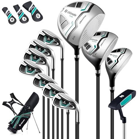 GYMAX Ensemble Complet de Clubs de Golf pour Hommes Droitier, Comprenant Driver #1 460CC, Fairway #3, Hybride #5, Fers #5, #6, #7, #8, #9, #P, #S, Putter, 3 Couvre-Golf et Sac de Golf (Gris)