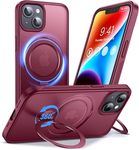 Anqrp 360° All-in-One-Ständerhülle für iPhone 14/13 Hülle mit Rotierbarem Magnetischem Ständerringhalter, Kompatibel mit MagSafe, Stoßfeste MIL-Grade-iPhone 14/13 Handyhülle 6,1 Zoll Rot