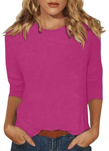 Blouses Tshirts Women Women's Lightweight Solid Color Tops 3/4 Sleeve Casual Gym Fashion Daily Ladies Summer Round Neck T-Shirts 05-Hot Pink L
