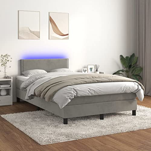 IKAYAA Boxspringbett mit Matratze LED Bett 120x200 mit matratze und lattenrost Boxspringbett 120x200 mit matratze Bett komplett mit Kopfteil Samt-Hellgrau-120 x 200 cm