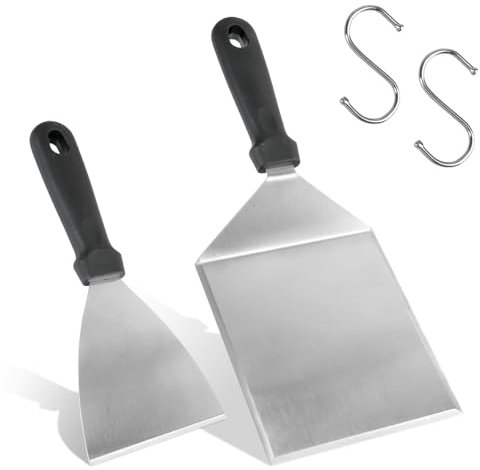 Lot de 2 spatules pour barbecue, en acier inoxydable, avec 2 crochets, spatules pour barbecue Smash Burger, Teppanyaki, barbecue à gaz, plaque de feu, grattoir