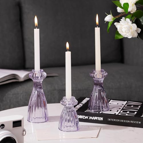 Lysenn Kerzenständer aus Glas 3er Set - Premium Kegelkerzenhalter für Romantisches Ambiente - Kerzenhalter Dekor für besondere Anlässe - Lila