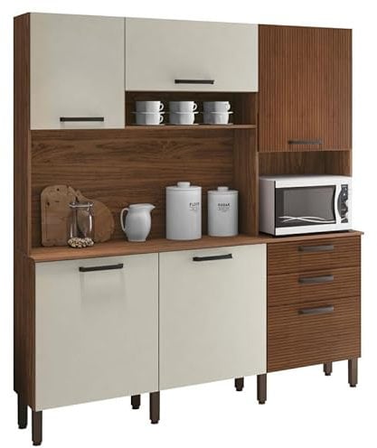 ACTUAL DIFFUSION Buffet de Cuisine 6 Portes 2 Tiroirs Noyer et Blanc Ecru L 180.2 H 198 P 38.8 cm