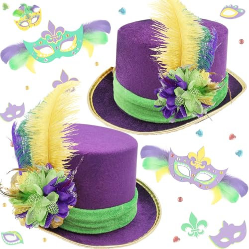 Bdecoll 2 Pack Mardi Gras Kostüm Huts mit Lila Grun Federn,Venezianische Masquerade Mardi Gras Hute für Maskerade-Party, Karneval