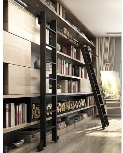 TWHZSAI Einhängbarer Bibliotheksleiterschienensatz mit Metallleiter, schwarzes horizontales Wandmontage-Schiebeleitersystem mit Riemenscheibe (mit Leiter), mit Bodenrollen (Farbe: 150 cm Leiter)