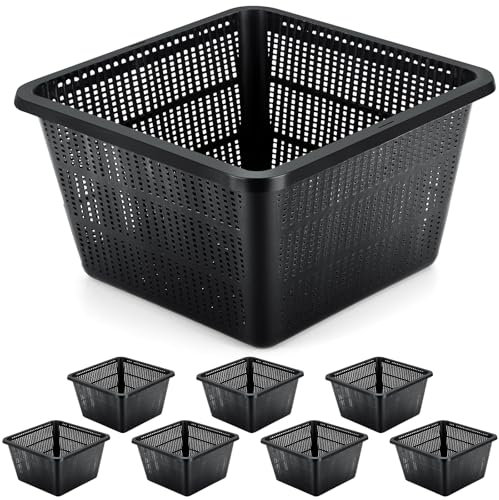 RimCereal 8 Pcs Aquatic Plant Baskets for Hydroponics Water Garden Plant Pots Black Plastic Mesh Plant Basket 9 x 9 x 5.2 Inch Square Plant Pond Containers for Island Live Aquarium Plants Flowers