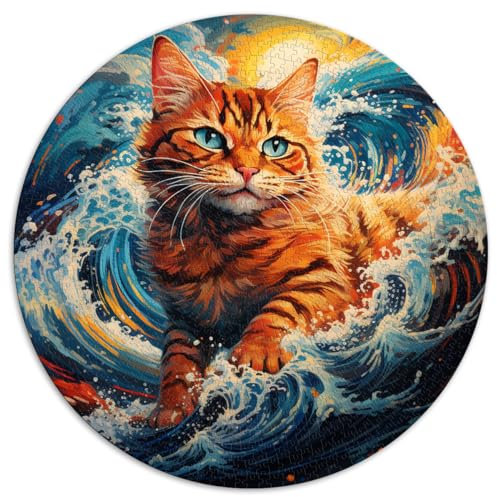 1000-teiliges Puzzlespiel, „Cat Surfing Kanagawa“, kreatives rundes Puzzle, für Erwachsene und Kinder ab 12 Jahren, Kartonpuzzle, Lernspielgröße ， 67,5 x 67,5