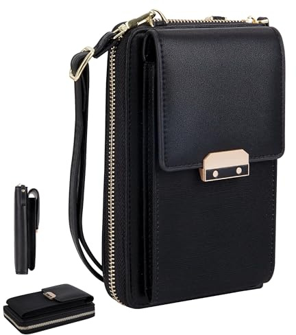 Tunejoy Handy-Umhängetasche Damen PU Leder Mädchen Crossbody Tasche Grosse Kapazität Viele Fächer Handy Schultertasche mit Verstellbar Abnehmbar Schultergurt Schwarz