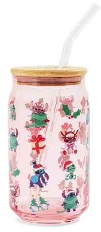 Disney Lilo & Stitch Holiday Glass Tumbler With Bamboo Lid and Reusable Glass Straw | Holds 16 Ounces