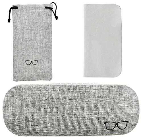 REBECASKYENS Custodia per occhiali portatile in lino, custodia rigida per occhiali, con panno per la pulizia degli occhiali, sacchetto per fazzoletti per occhiali (grigio), grigio., 16 x 6,2 x 3,8 cm