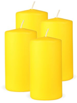HS Candle Stumpenkerzen 4er Pack Gelb, Größe Ø7 x 12 cm, Wachskerzen lange Brenndauer bis zu 35 Std. - unparfümierte Säulenkerzen - viele Farben/Größen