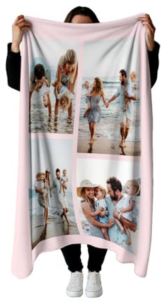 PICANOVA Personalisierte Decke mit Fotos 200x150cm - Rosa Kuscheldecke mit Bildern - Personalisierte Geschenke für Mama, Freunde, Familie - 4 Fotos
