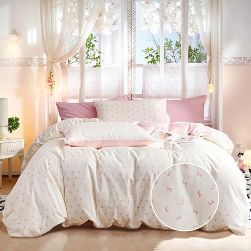 Freyamy Schleife Bettwäsche 155x220cm 2teilig Baumwolle Beige Rosa Schleifenmuster Mädchen Bettwäsche Set Fliege Teen Kinderbettwäsche Bettbezug mit Reißverschluss und Kissenbezug 80x80cm