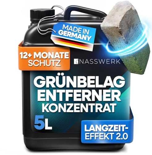 NASSWERK® Grünbelagentferner Konzentrat 5L mit GreenGuardPro-Formel I Steinreiniger intensiv Aussen für Grünbelag, Moos & Flechten | Moosentferner Steindusche für Pflastersteine, Naturstein & Dach