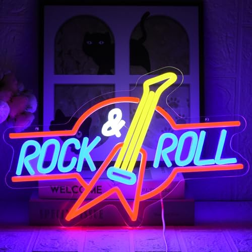 UExnkj-Y Rock&Roll Insegna al Neon Insegna LED al neon dimmerabile con chitarra alimentato tramite USB adatto per camera da letto, sala musica, gruppo rock, festa, bar club, decorazione murale