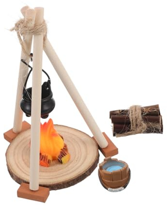 TOPPERFUN Miniature Feu de Camp Décoratif avec Pot Suspendu Modèle Faux Feu pour Maison de Poupée Décoration de Table et Scène Extérieure Set Bois Rouge