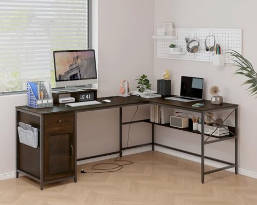 Bueuwe L Form Schreibtisch Eckschreibtisch mit Schublade & Schrank, Computertisch mit Ablage, Homeoffice Schreibtisch aus Holz in Schwarz für Büro und Wohnzimmer