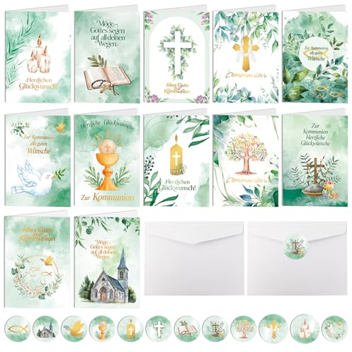 12 Erstkommunion Karten Set mit Umschlägen & Aufklebern, Grußkarten für Junge & Mädchen, Klappkarten mit religiösen Motiven zur Kommunion