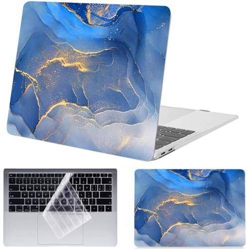 FFBOFFC Hülle für MacBook Pro 14 Zoll 2021-2025 M5 M4 M3 M2 M1(Modell A3434 A2992 A3112 A3185 A3401 A2918 A2779 A2442), Plastik Hartschale Schutzhülle & Tastaturdecke, Gold-Blaue Marmorierung