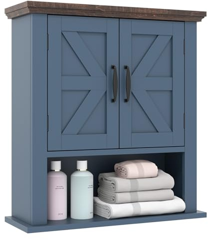 GIANTEX Hängeschrank, Medizinschrank mit verstellbarem Regal & offenem Fach, Hängender Schrank in Bauernstil, Wandschrank für Wohnzimmer, Küche & Flur, 55 x 19 x 60 cm (Blau)