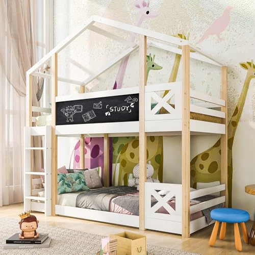 Mrwoo Kinderbett Etagenbett 90 x 200 cm Baumhaus-Design, Hochbett mit Leiter und Integriertes Malbrett, mit Rausfallschutz und Lattenrost, Einzelbett, Natur & Weiß (Ohne Matratze)