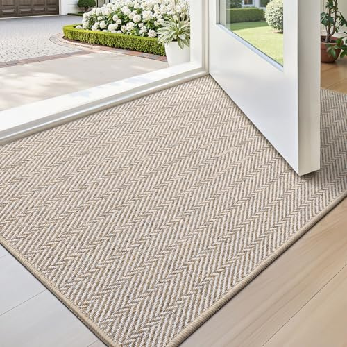 LUMI Ultra Thin Indoor Door Mat 43 x 80 cm, Entrance Doormat, Beige | 0.35 cm Ultra Thin, Dirt-Trapping & Absorbent Quick-Dry Surface, Waterproof Non-Slip Rubber Backing, Elegant Herringbone