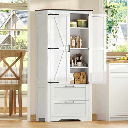 TEENFON Buffet Haut Cuisine, Armoire Cuisine 2 Portes et 2 Tiroirs, Meuble de Rangement avec Étagère Réglable, pour Salon et Salle à Manger, 60x30x168 cm, Blanc