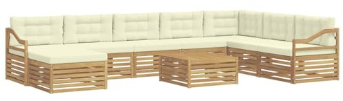 vidaXL Outdoor-Sofagarnitur mit Kissen 9 pcs Weiß und Creme Polyester, Gartenmöbel, modernes Outdoor-Sofa-Set, Akazienholz, modulares Sofa, ideal für Pool und Terrasse