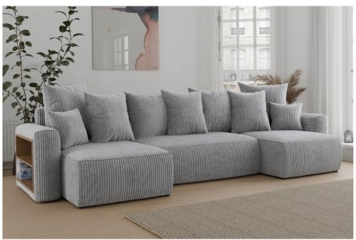 MEBLINI Schlafcouch mit Bettkasten - 312x142x73cm - Hellgrau Cordstoff - Solaris - Ecksofa mit Schlaffunktion - Sofa mit Relaxfunktion und Kopfstützen - Couch U-Form - Eckcouch - Wohnlandschaft