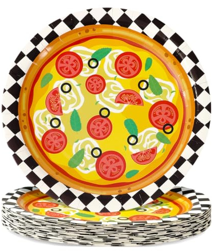 Whaline 30Pcs Checkered Pizza Paper Plates Tomato Pizza Round Plate 9 Inch Food Theme Disposable Tableware for Pizza Night Italian Themed Party Supplies