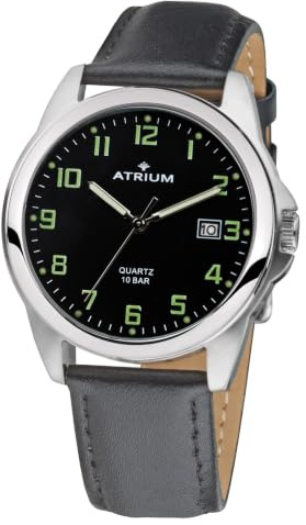 Atrium Herren-Armbanduhr Edelstahl silberfarben Analog Quarz 10 bar mit Datum, Leuchtzeiger, Leuchtziffern, sehr deutliches Zifferblatt Schwarz und Lederband schwarz A16-11