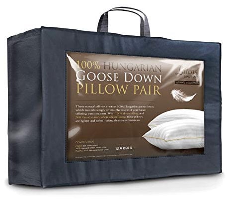 Littens Luxury Ultimate Collection 100% Pure Hungarian Goose Down Pillows Pair 300TC 100% Cotton Jacquard Casing, Down Proof, Gold Piping
