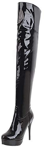 Damen Overknee Stiefel High Heels Plateau Lack Stiletto Boots Winter Schuhe(Schwarz,45)