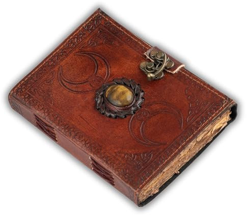 Urban Leather Buch - 3 Mond Dunkelbraun Tigerauge Tagebuch - Edelstein besetzt Handgemacht Jahrgang Notizbuch schreiben Veranstalter, Ungefüttert
