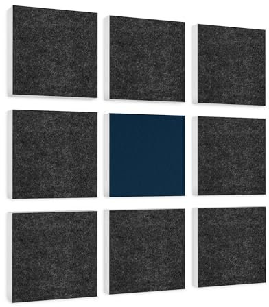 platino24 Akustikpaneele 9 Elemente Colore Quadrat 27,5 x 27,5 cm Anthrazit + Nachtblau I Schallabsorber aus Basotect G+ mit Akustikfilz I Schalldämmung Wand & Decke I Akustikelemente Wandpaneel