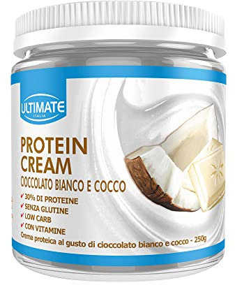 Ultimate Italia - Crema proteica al 30% spalmabile, senza zuccheri - 250g - gusto cioccolato bianco e cocco - poche calorie, senza glutine, con vitamine