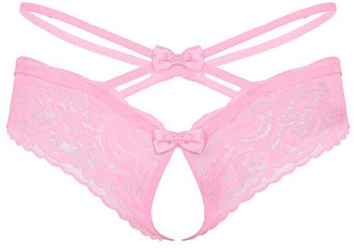 FEESHOW Sexy Homme sous-vêtement Dentelle Culotte Transparent String Ouvert Sissy Thong Tanga Fesse Nue Panties T-Back Slip de Bain Natation Bas de Bikini Erotique Underwear Rose OneSize