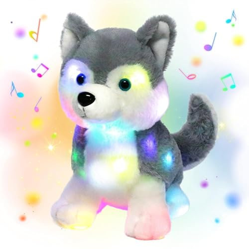 Hopearl LED Musical Gefüllte Husky Licht auf Singender Plüschhund Einstellbare Lautstärke Ruhen animierte Beruhigung Geburtstagsgeschenk für Kinder Boys Girls, Grau, 30.5cm